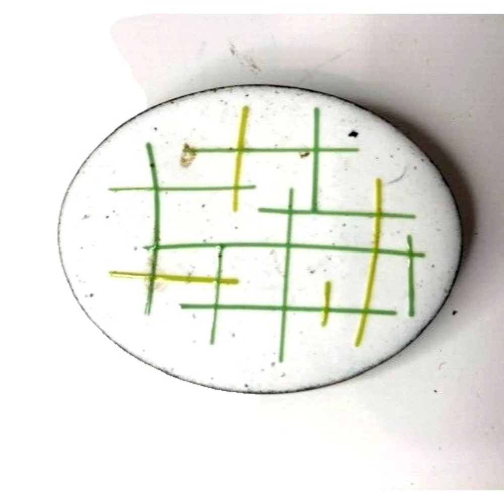 Vintage Oval Modernist White enamel Abstract Yellow and‎ Green Brooch 2 inch